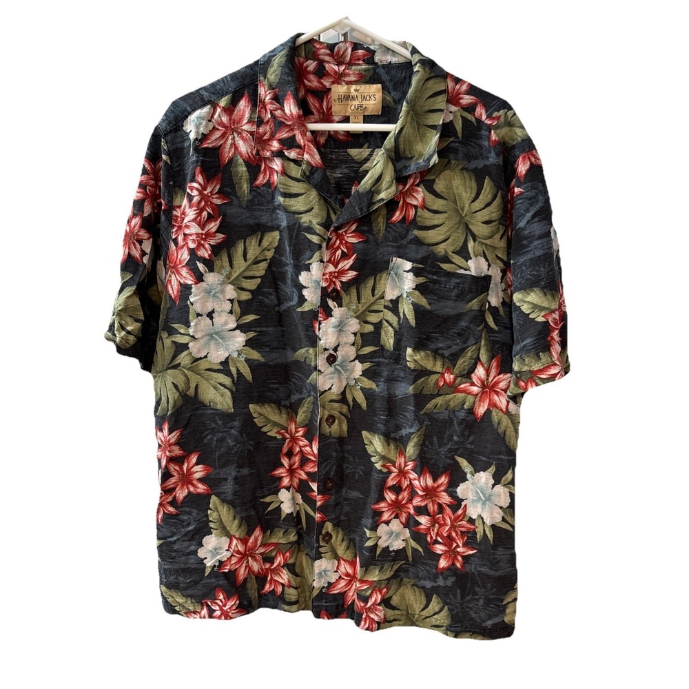 Havana Jacks Cafe Shirt Men Sz XL Floral Hawaiian Short Sleeve Button 100% Silk